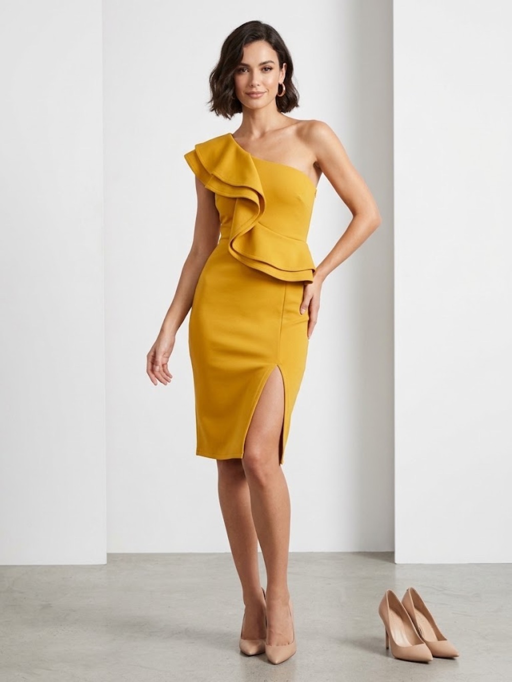 Yellow Ruffled One-Shoulder Dress - Picture 2 of 2